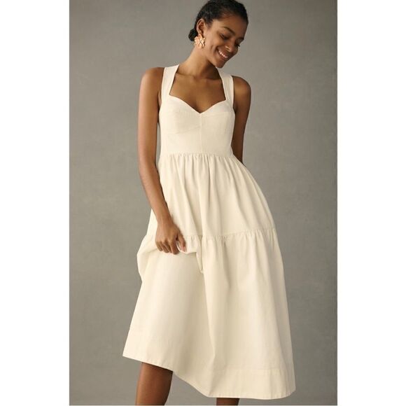 NEW Anthropologie Forever That Girl White Boho Denim Sweetheart Midi Dress Small - Picture 1 of 3
